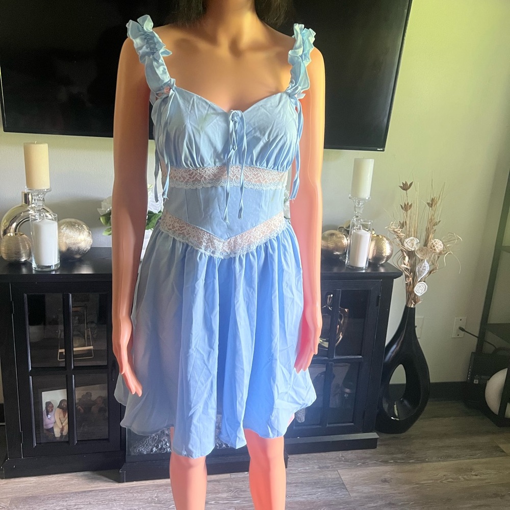 SHEIN Sky Blue Lace Trim Mini Dress